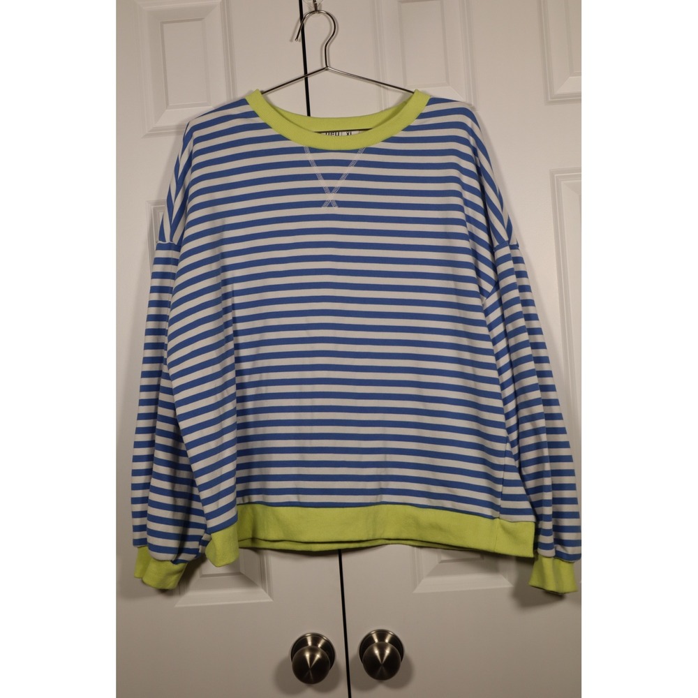 UEU Blue White Striped Sweatshirt Neon yellow Trim Crew Neck Pullover XL‎